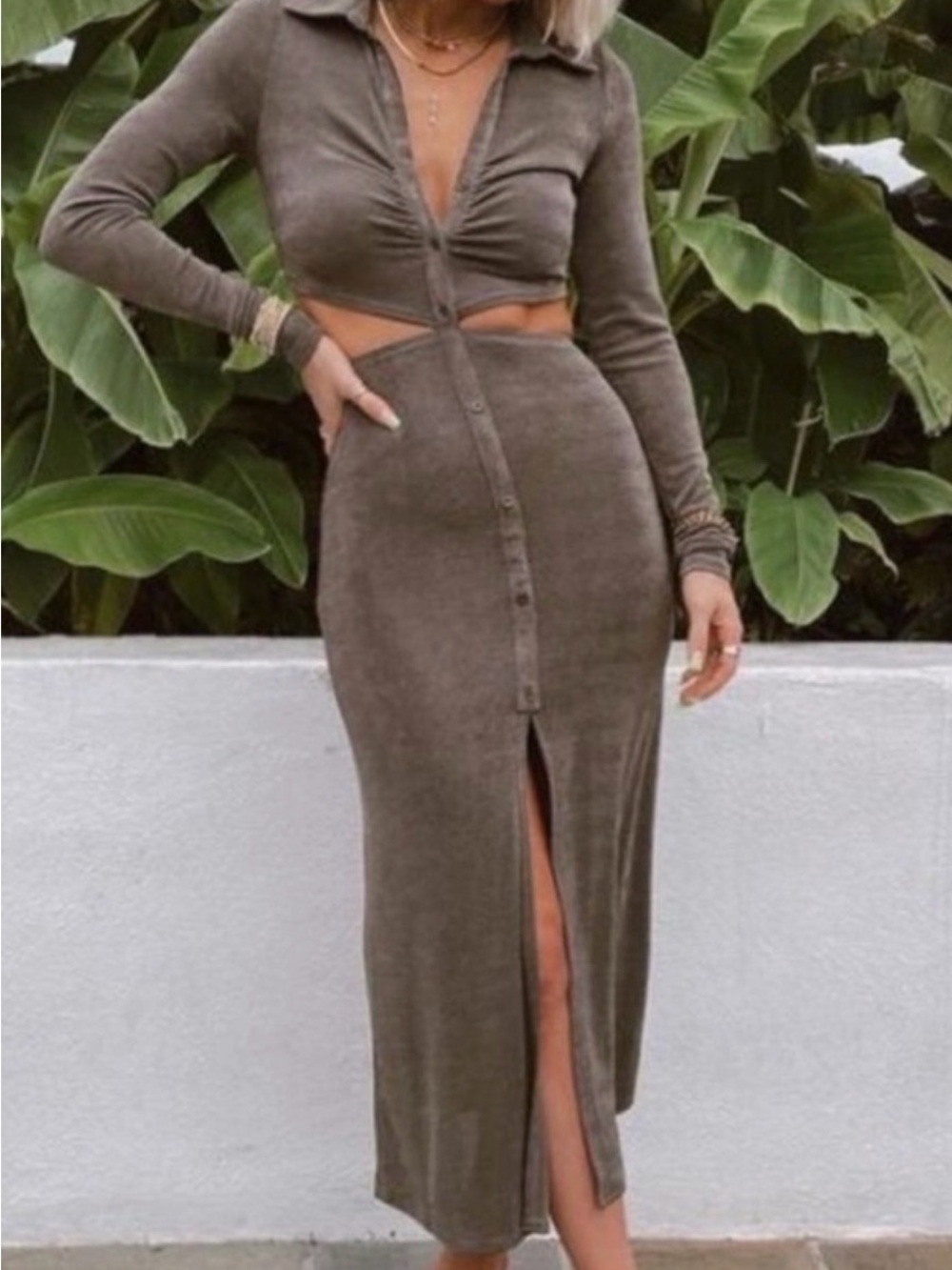 12th Tribe Olive Brown Button-Front Midi Skirt with Center Slit